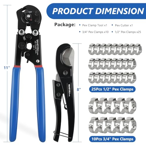 2 IN 1 Ratchet PEX Crimping Tool Kit - Cinch and Remove Dual Function Suitable for 3/8" to 1" Stainless Steel Clamps with Pex Cutter and Stainless Steel Pex Clamps 1/2" 25PCS, 3/4" 10PCS Pex Crimper Kit