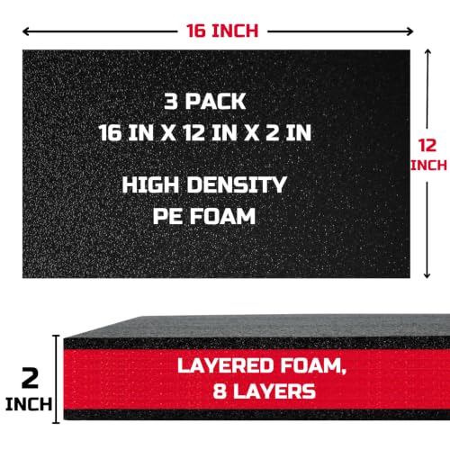 ONREVA Tool Box Foam Organizer 16x12x2 inch 3Pack, Kaizen Sheets for Pro Tool Control, Custom Tool Shadow Inserts for Cases & Drawers, High Density Polyethylene Foam, Black with Red