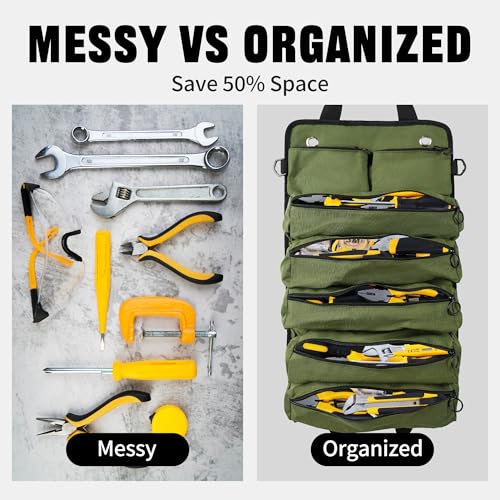 2-Piece Tool Bag Set, Black Roll-Up Waterproof Tool Organizer & Army Green Small Tool Pouch, Heavy-Duty Tool Storage Combo for Electrician, Mechanic, Carpenter, and DIY Projects
