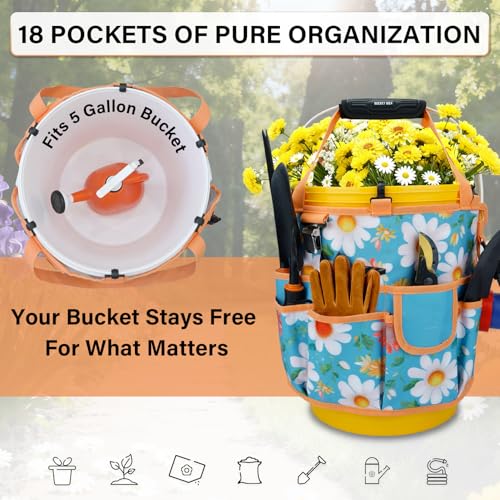 KUNN Garden Tool Waist Belt - 4 Deep Pockets Tool Apron for Women Men,Utility Pouch + 5 Gallon Bucket Organizer 18-Pocket Tool Bag with Hangable Handle