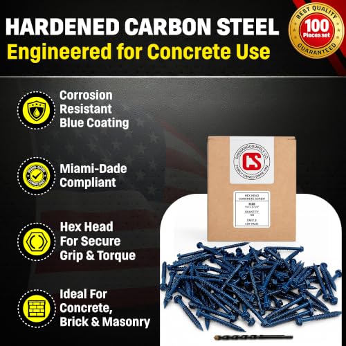 Hex Head Concrete Screw Anchor (1/4 x 2-1/4") 100 Pieces with Drill Bit (Miami-Dade Compliant) Chenango Supply