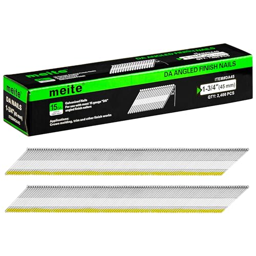 meite 15 Gauge 34 Degree Finish Nails Set 1-1/4' Inch & 1-3/4 Inch Galvanized Angled Finishing Nails for Finish Nailer Gun - Cabinet Crown Baseboard Door Trim