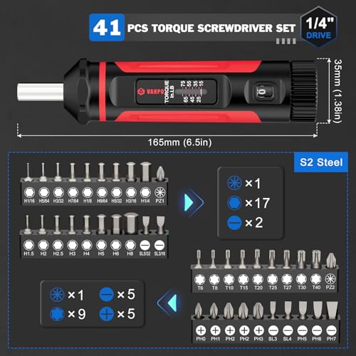 VANPO Torque Screwdriver 15-75 in-lb, 1/4" Drive Precision Driver Set 15-75In-lb