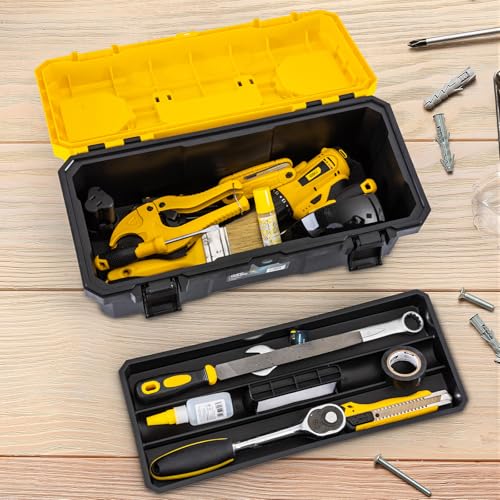 18 Inch Tool Box with Lock, 2-Layer Heavy-Duty Organizer with Removable Tray, Liftable Lid for Small Parts, 29lb Capacity & Carry Handle for Tools, Camping, Medical Supply Storage 18“