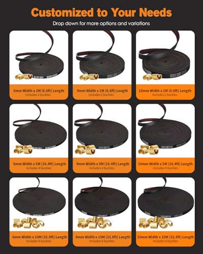 HANGLIFE GT2 Timing Belt with Copper Buckle - 3D Printer Open Synchronous Belt (2mm Pitch) 3D Printer Accessories - 10mm x 10M (32.8ft)
