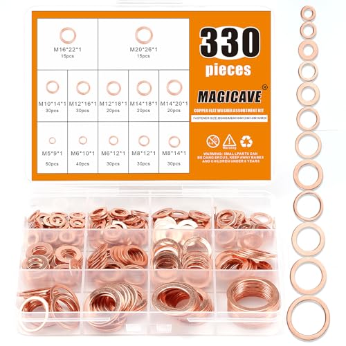 330 Copper Crush Washers (M5-M20) & 1350 Nylon Flat Washers (M2-M12) for Automotive, Plumbing, Electronics, DIY - Sealing & Insulating Washer Set