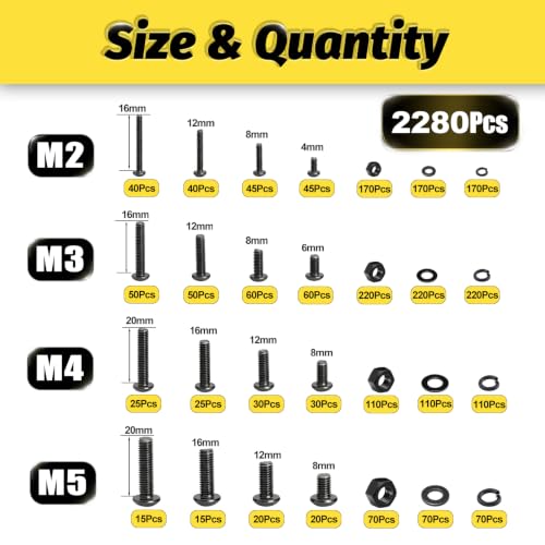2280PCS M2M3M4M5 Metric Hex Socket Button Head Screws Assortment Kit M2-M5 2000Pcs