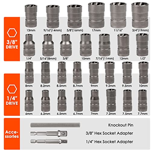 32 Pcs Bolt Extractor Kit, 1/4" & 3/8" Drive Impact Bolt & Nut Remover Set 32 Piece