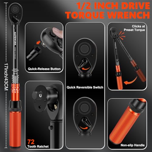 Matework 1/2 Inch Drive Click Torque Wrench, 10-180 ft.lb/13.6-244.1 Nm, ±3% High Precision Lug Nut Torque Wrench with 72 Tooth Dual-Direction for Moto, Wheel Tire and Car Repair 1/2-inch (1PC)
