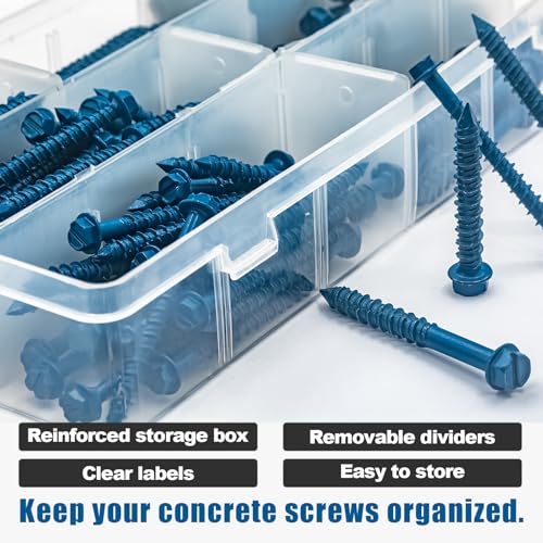 200Pcs 3/16" 1/4" Hex Head Concrete Screws with Drill Bit and Driver bit 200Pcs 1-1/4" to 2-3/4" Slotted Hex Head