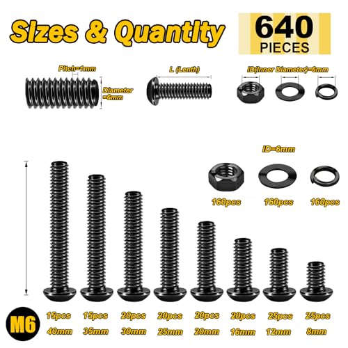Mywish M6 x 60mm 20Pcs Flat Head Hex Socket Cap Screws Bolts & 640Pcs M6 Screw Black Bolts and Nuts Kit, M6 Socket Head Cap Screw Metric Bolts Assortment, Machine Screws, Black Oxide & Hex Spanner