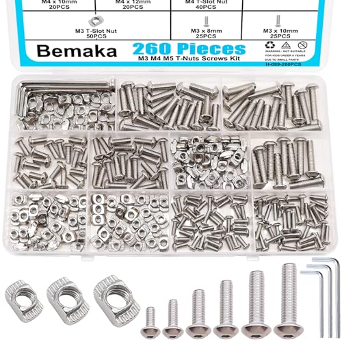 260PCS M3 M4 M5 T Nuts Screws Kit + 210PCS T Slot Aluminum Extrusion Hardware Accessories, M5 T Slot Nuts Screws Kit