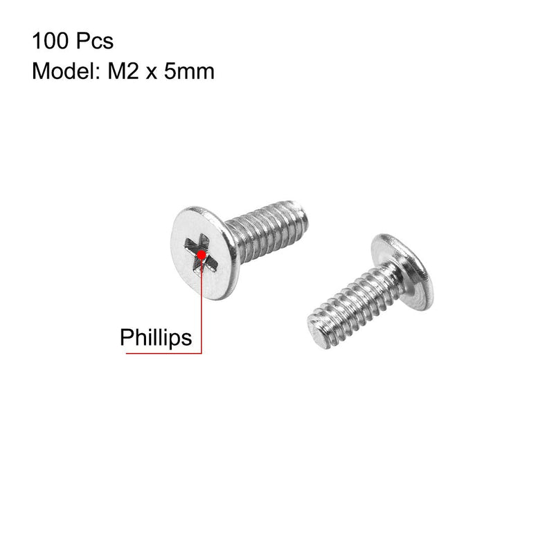uxcell M2x5mm Phillips Screw Fastener Silver Tone 3.8mm Dia Screw Head for Laptop PC TV Fan Switch 100pcs