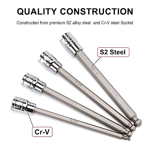 CASOMAN 3/8"Drive Extra Long Ball-End Hex Bit Socket Set, 18 Piece Allen Socket Set, Metric & SAE, 3mm to 10mm, 1/8" to 3/8", CR-V and S2 Steel