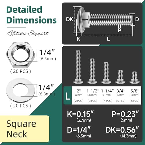 60Pcs 1/4-20 Carriage Bolts Assortment Kit with Nuts and Washers & 152 PCS 2lb, Deck Screws 2-1/2 Inch, Wood Screws #10x2-1/2, Torx/Star Drive Head Deck Screw, T25 Star Bit Included, Carriage