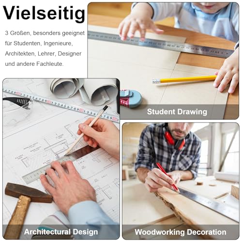 Set of 3 Stainless Steel Rulers, Metal Ruler Set 15/20/30 cm, Steel Ruler Double Sided Scale Edge Centimeter & Inch Steel Ruler Measuring Tool Precision Ruler for Engineering Teaching Office Office School silver