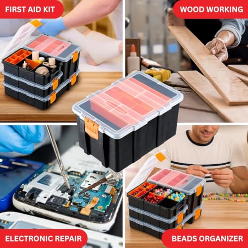 Andalus Tools Organizer Box, Small Parts Storage Multi-Compartment Portable Hardware Organizer Removable Plastic Dividers for Screws, Nuts, Bolts, Nails – Orange (4 Set, 12.2" x 9.1" x 7") 4 Pcs Set (12.2 x 9.1 x 7 Inches)