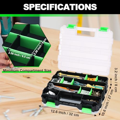 Tool Box with Transparent Lid, 2 Pack Hardware Organizer Box Green
