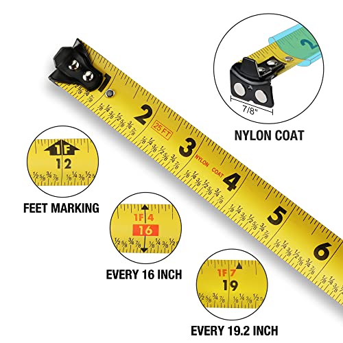 DURATECH Magnetic Tape Measure 25FT with Fractions 1/8, Retractable Measuring Tape with Stubby Ratcheting Screwdriver, 12-in-1 Multi-bit Short Screw Drivers, Innovated Bits Quick-Load Mechanism