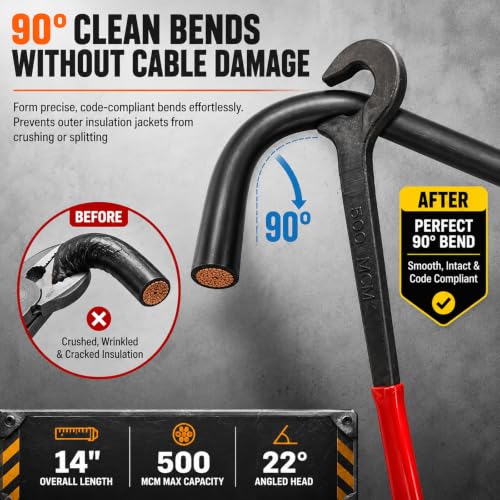 14 inch Cable Bender Tool, Heavy Duty Wire Bending Tool for Easily Bending 500 MCM Copper & Aluminum Wires in Electrical Panels, 22° Angled Head Knuckle Saver, 2 Pack