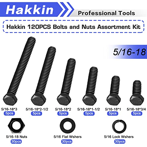 Hakkin 120PCS 5/16-18 Hex Bolts and Nuts Kit, Length 3/4",1”,1-1/2",2",2-1/2”,3”, 5/16” Heavy Duty Nuts and Bolts Screws Flat & Lock Washers Kit, Grade 8.8 Carbon Steel Machine Screw Assortment Kit H 5/16-18 Hex Bolts Black (120pcs)