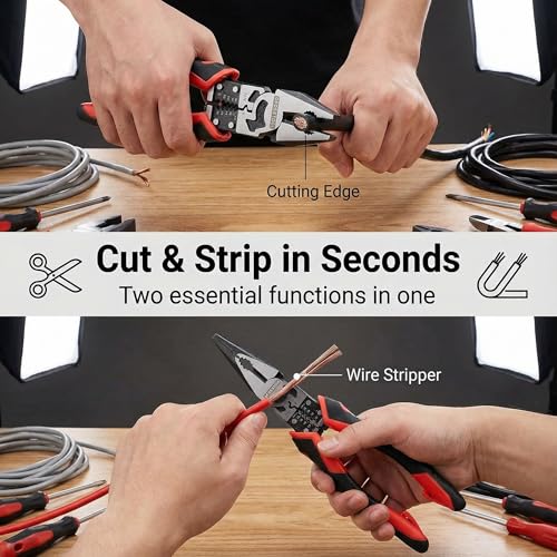 3PCS Combination Pliers Set, 9 In 1 Multifunction Electrician Tool, 8.5" Long Nose, 8.5" Linemens, 8" Diagonal Cutting Wire Stripper/Heavy Duty Side-Cut (Red/Black)