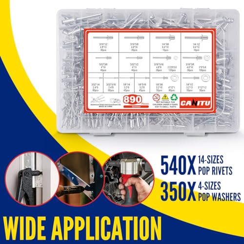 Canitu 890pcs Pop Rivets Assortment Kit, 18 Sizes, Aluminum & Stainless Steel Backup Washers, Blind Rivets with Storage Case for Sheet Metal, Automotive & Railway (Silver) Silver