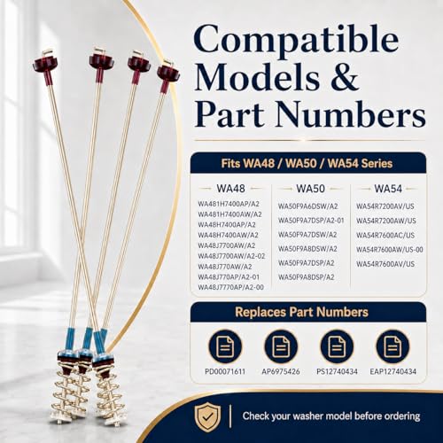 DC97-16350V Washer Suspension Rods 27.6 in, 4 Pack OEM-Size Suspension Rod Kit Compatible with Samsung Top Load Washer WA54R7200AW/US WA54R7200AV/US WA54R7600AC/US WA54R7600AV/US WA54R7600AW/US