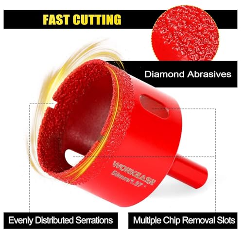 WORKEASE Diamond Hole Saw Kit, 11 Pcs Brazed Hollow Tile Set (0.24”-2”) with Double Suction Cups Guide Jig, Drill Bit Suitable for Glass, Ceramic, Tile, Marble, Porcelain Red 10PCS-Red (0.24”-2”)