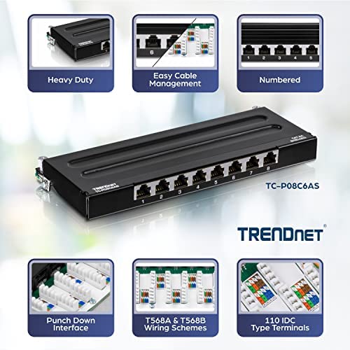 TRENDnet 8-Port Cat6A Shielded Patch Panel, Wall Mount Ready, 10G Ready, Cat5e,Cat6,Cat6A Compatible, Metal Housing, Color-Coded Labeling for T568A & T568B Wiring, Cable Management, Black, TC-P08C6AS 8 Port