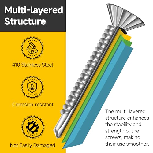 Mywish 200pcs #10×1" Self Tapping Screws for Metal & 300Pcs #8 x 1 Flat Head Sheet Metal Screws, 410 Stainless Steel, Sheet Metal Screws, Hex Washer Head Self Drilling Screws, High-Strength Quick Tapp