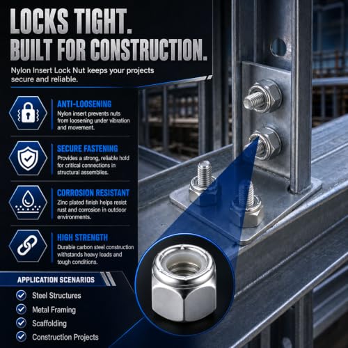 Zonon 200 Pack 3/8"-16 Nylon Insert Lock Hex Nuts, Grade 2, Coarse Thread