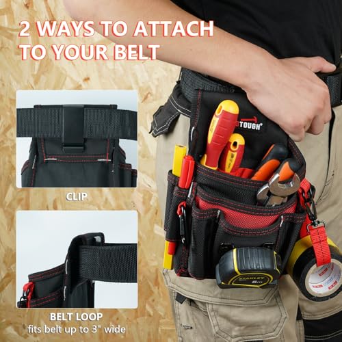 MELOTOUGH Tool Belt Pouches with Belt Clip Utility Mini Tool Organizer Pouch for Electrician,Carpenter,Construction,Technician (Red & Brown)