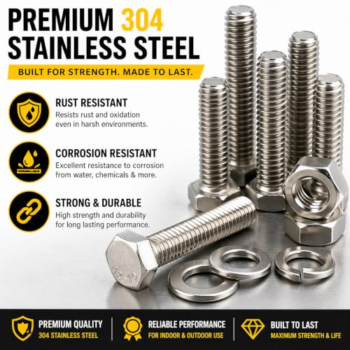 304 Stainless Steel Hex Bolt Kit 1/4"-20 UNC, Fully Threaded Machine Bolts with Nuts, Flat & Spring Washers (Set of 10, 1/4" x 3/4") 1/4" x 3/4" Set of 10