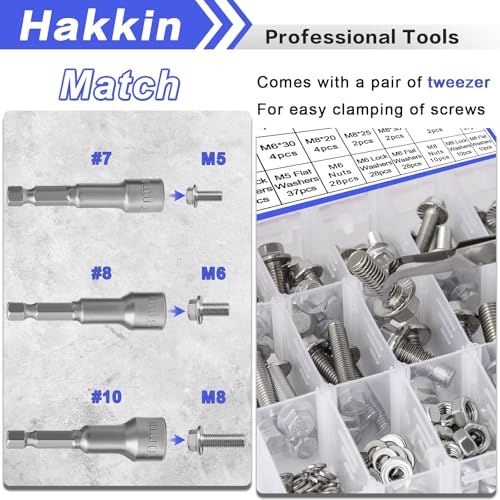 300pcs M5 M6 M8 Flanged Hex Head Bolts and Nuts Assortment Kit (10mm to 35mm), M5-0.8 M6-1.0 M8-1.25 Metric Nuts Screws Flat & Lock Spring Washer 304 Stainless Steel, Hex Socket Included