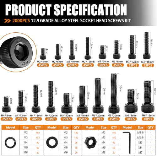 mankk 2000PCS Metric Screw Bolt Assortment Kit M2/M3/M4/M5/M6 Hex Socket Head Cap Bolts Nuts & Washers Set 12.9 Grade Alloy Steel Zinc Plated Metric Machine Screws Hex Socket Cap