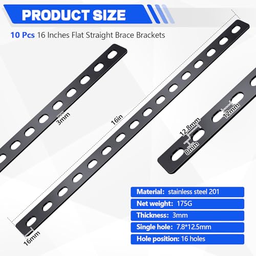 Zonon 10 Pcs 16 Inches Flat Straight Brace Brackets Adjustable 201 Stainless Steel Mending Plate 408mm/16 '' Length 16 Screw Hole Straight Bracket, 2.8 mm Thickness, Slot for 5/16" Screw (Black) Black