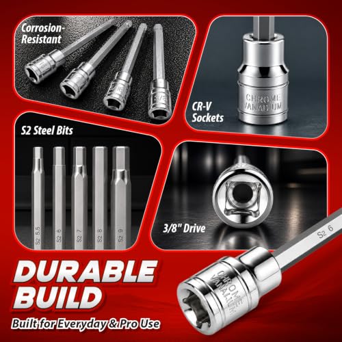 JETMORE 19PCS 3/8" Drive Allen Socket Set, Extra Long Hex Bit Socket Set Red