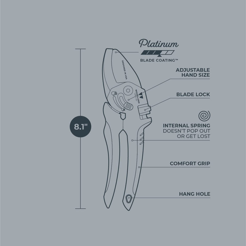 Woodland Tools Co. Heavy Duty Anvil Pruning Shears – 5/8" Cut Capacity, High Carbon Steel Blade, Internal Spring, Adjustable Grip Slider, Garden Pruner for Dry Branches, Stems, and Dead Growth Heavy Duty Anvil Pruner