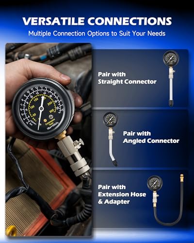 OMT 8pc Petrol Engine Cylinder Pressure Test Kit with 300 PSI Dual Gauge Standard Set