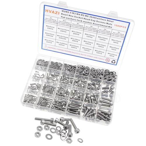 1080PCS M2-M6 304 SS Knurled Socket Head Cap Screws Nuts Washers Kit