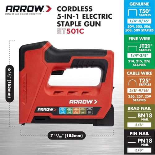 Arrow ET501C Cordless 5-In-1 Professional Staple and Nail Gun, Battery Powered Wire Stapler and Brad Nailer for Upholstery, Framing, Roofing, Crafts, Fencing, Cable, Black/Red