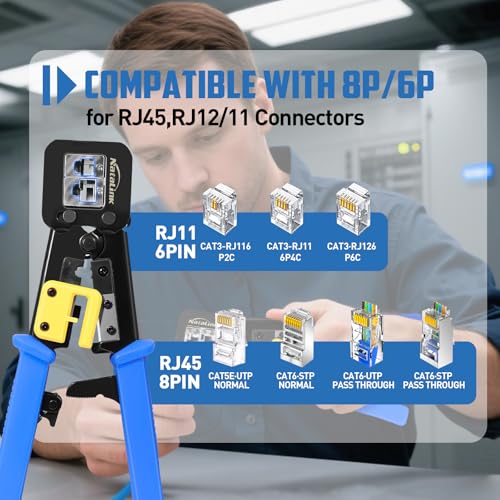 Pass Through RJ45 Crimp Tool Kit Cat 6 Cat 5E Cat 5 Ethernet Crimper Kit RJ45 Crimping Tool with Network Cable Tester, Mini Cable Stripper, 50 Pcs Cat6 Connectors and Strain Relief Boots 103