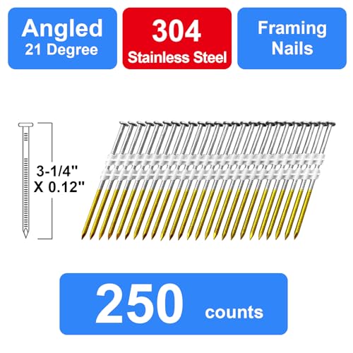 304 Stainless Steel 21 Degree 3-1/4 Inch Framing Nails,250-Pack 3-1/4"--250 pcs