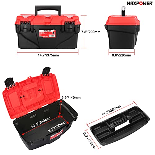 MAXPOWER 15" Tool Box with Removable Tray & Dual Lock, Tools Organizer 15"