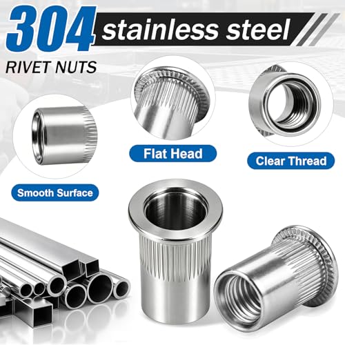 390Pcs Rivet Nut Kit, Metric & SAE Rivnut Assortment Set M3 M4 M5 M6 M8 M10 M12#8-32#10-24 1/4"-20 5/16"-18 3/8"-16 304 Stainless Steel Nutsert Flat Head Threaded Inserts for Metal, Automotive SS Metric & SAE 390pcs