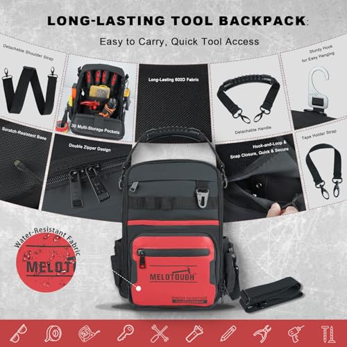 MELOTOUGH Small Tool Backpack for Men 30 Multi-Storage Pockets Heavy Duty Tool Bag Backpack, Magnetic Tool Holder, N48 Strong Magnetic Belt Clip (Red)