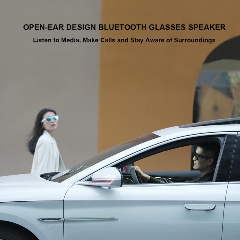 OhO Bluetooth Sunglasses,Voice Control and Open Ear Style Smart Glasses to Listen Music and Calls,UV400 Polarized Lens Shiny White Frame-blue Light Blocking Lens