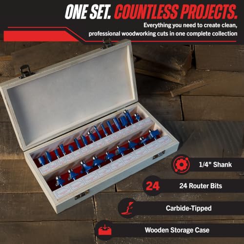24-Piece Router Bit Set - Wood Routers Kit with 0.25-Inch Shank and Wooden Storage Case - Woodworking Tools for Home Improvements and DIY by Stalwart