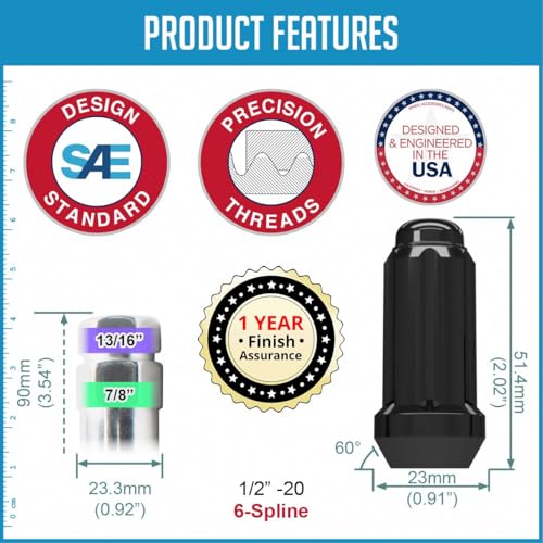Wheel Accessories Parts 20 Pcs 1/2"-20 Thread Truck 2.00" Long Spline Lug Nuts Black 6 Spline Hex Fits Chevy C10 K5 Blazer ｜ GMC C1500 ｜ Dodge Ram 1500 Ramcharger ｜ Ford F150 ｜ Jeep Wrangler